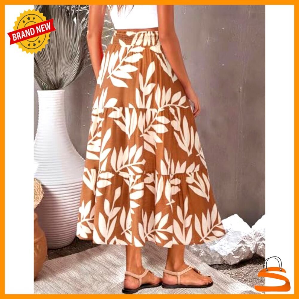 Floral Print A-Line Maxi Skirt with Pockets, Elastic High Waist, Viscose Blend - Picture 5 of 7